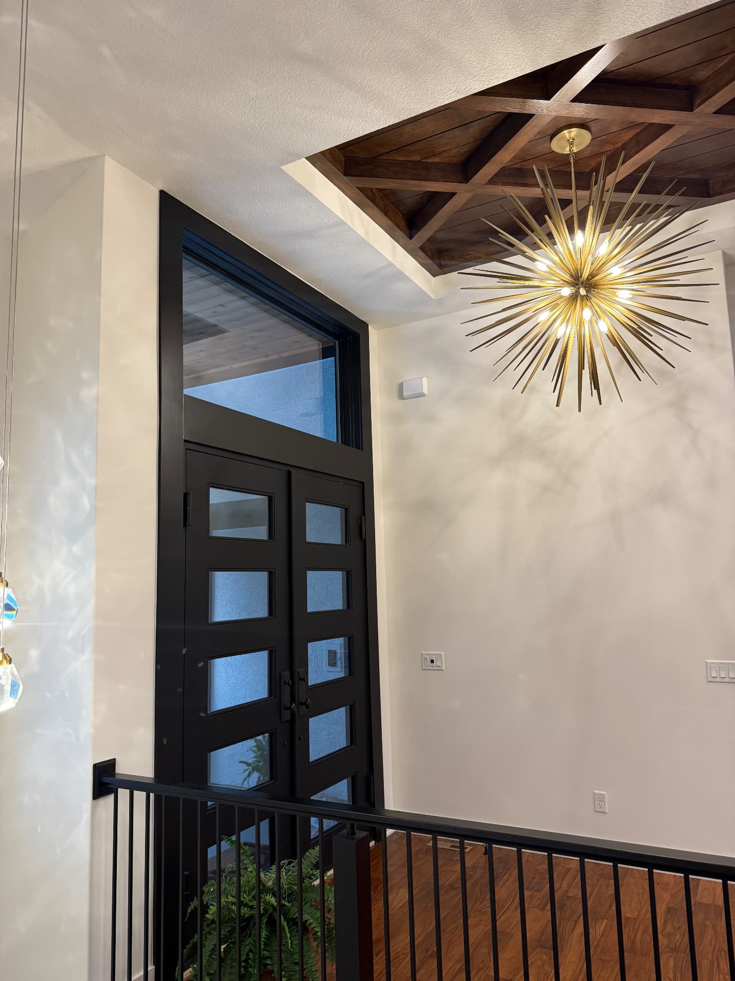 Tall black entry doors with clean glass panels inside a bright foyer