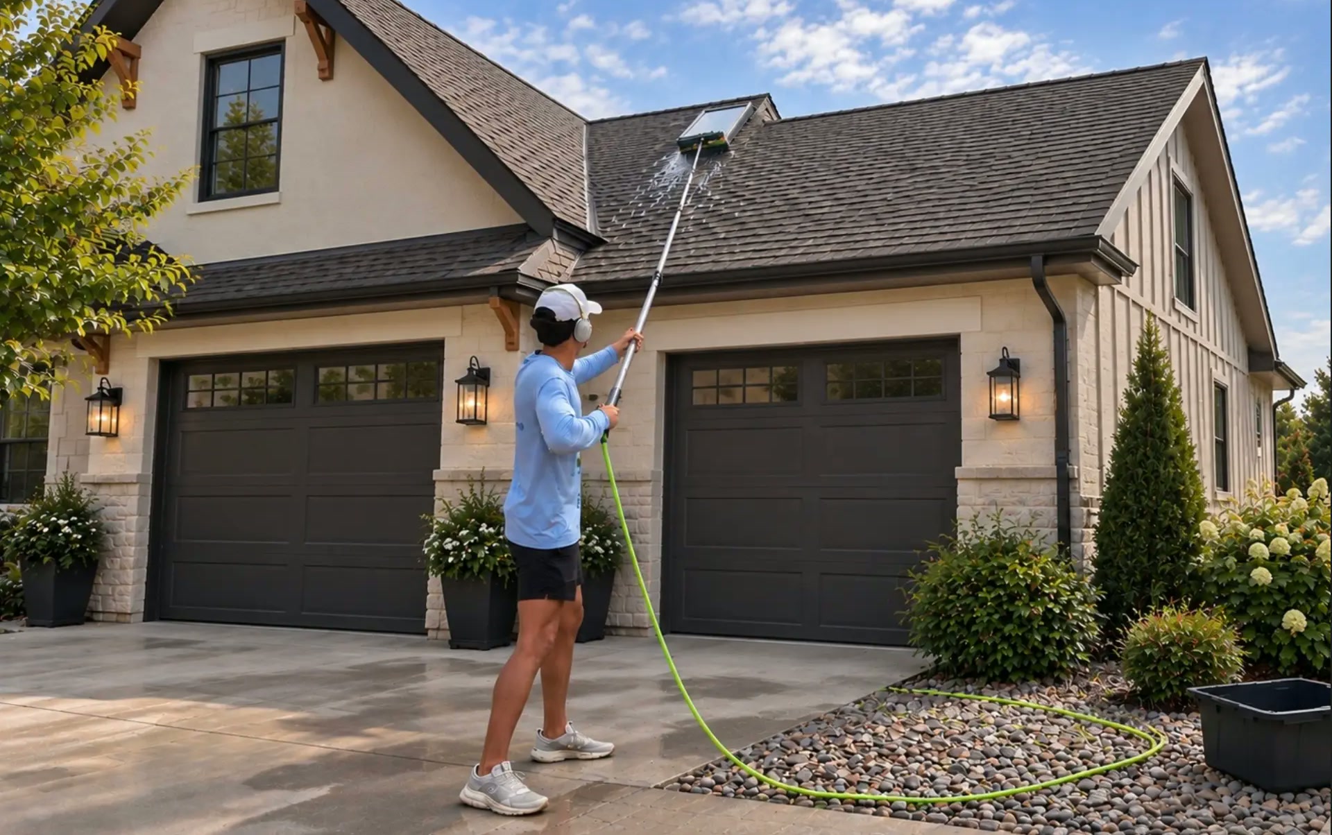 Happy Home Services technician using a water-fed pole to clean an upper window on a Kansas City home